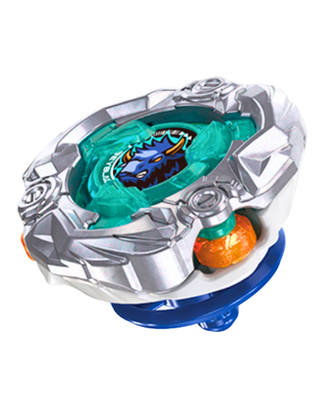 BEYBLADE X UX-00 Bison Burrow DB Original Color DMM Kuji A Prize, silver and teal blade with orange accents on blue bit